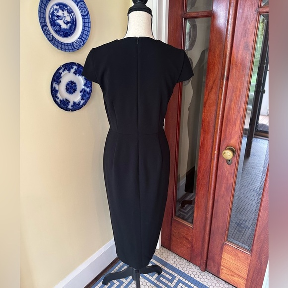 Max Mara | Black V-Neck Cocktail Dress with Cap Sleeves & Asymmetrical Pleating - Picture 2 of 9